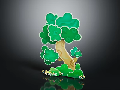 Cartoon Tree With Green Cloud Like Leaves Yellow Trunk And Small Flowers At The Bottom 3d model