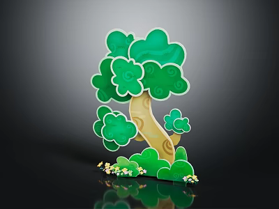 Cartoon Tree With Green Cloud Like Leaves Yellow Trunk And Small Flowers At The Bottom 3d model