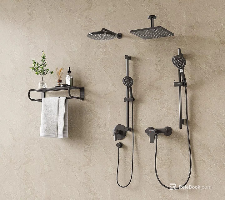 Modern Black Shower System With Rainfall Head Handheld Sprayer And Towel Shelf 3d model 