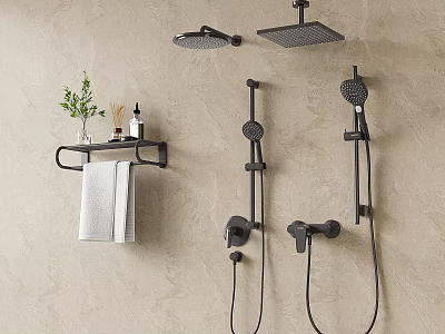 Modern Black Shower System With Rainfall Head Handheld Sprayer And Towel Shelf 3d model