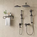 Modern Black Shower System With Rainfall Head Handheld Sprayer And Towel Shelf