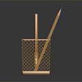 Golden Metal Mesh Pen Holder With Stationery Organizer And Two Writing Tools