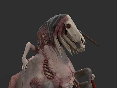 Scary Fantasy Creature With Skeleton Flesh And Attached Small Human Character 3d model