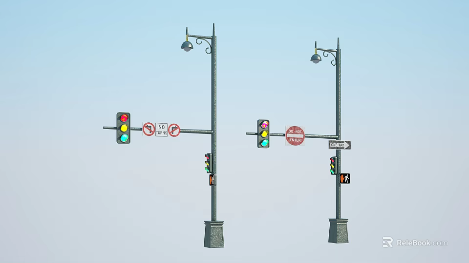 Outdoor Lights On Street Lamp Posts With Traffic Lights And No Parking Signs 3d model 
