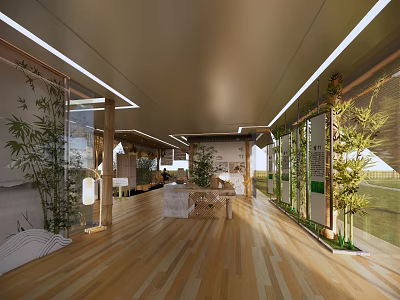 Modern Teahouse Interior Design With Wooden Flooring Bamboo Plants And Floor to Ceiling Windows 3d model