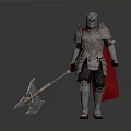 Man in Silver Armor Holding Battle Axe With Red Cape Standing