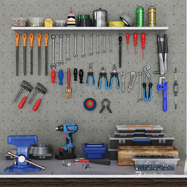 Organized Hardware Tools Collection with Wrenches Screwdrivers Pliers Hammers Drill and Toolboxes on Wall 3d model 