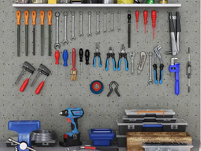 Organized Hardware Tools Collection with Wrenches Screwdrivers Pliers Hammers Drill and Toolboxes on Wall 3d model