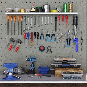 Modern tools carpenter hand hardware tools combination electric hardware tools wood poke vise hand drill combination indoor concrete tools wall 3d model