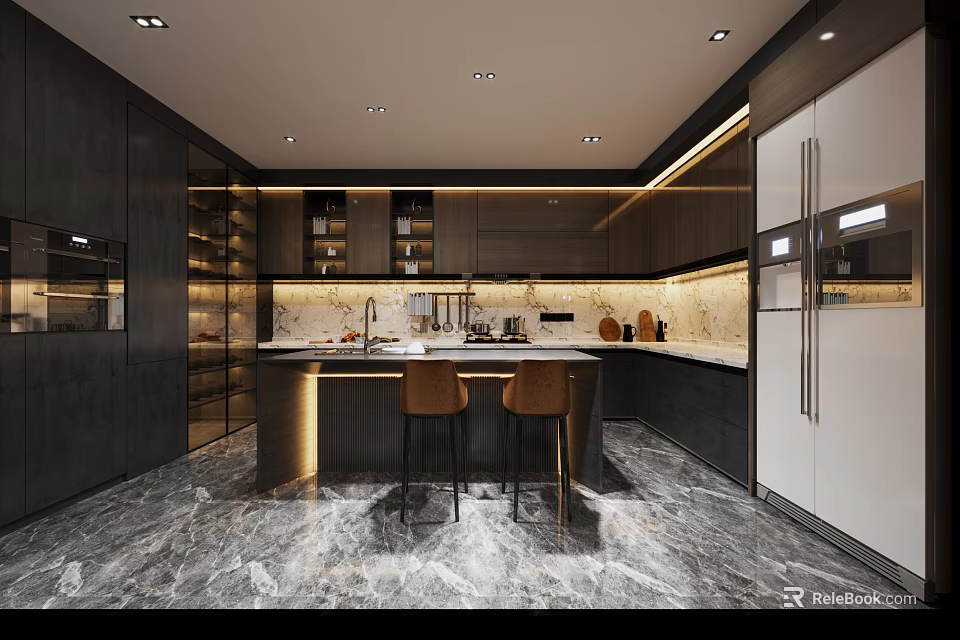 Modern Luxury Kitchen Interior With Marble Flooring Island Dark Cabinets And Bar Stools 3d model 