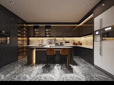 Modern Luxury Kitchen Interior With Marble Flooring Island Dark Cabinets And Bar Stools 3d model