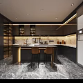 Modern Luxury Kitchen Interior With Marble Flooring Island Dark Cabinets And Bar Stools