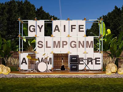 Outdoor Stage With Letter Decor Green Plants Drum Set Speakers And Golden Spherical Decorations 3d model