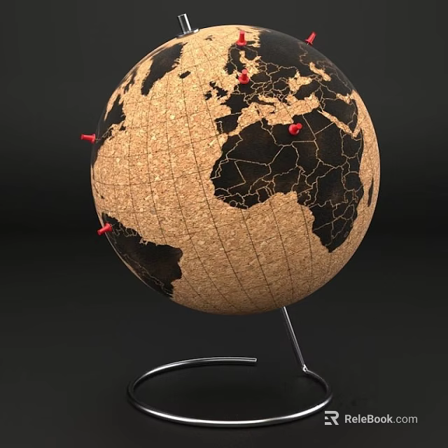 Decorative Cork Globe Ornament with Red Pins on Metal Stand for Home Decor 3d model 