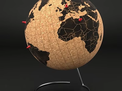 Decorative Cork Globe Ornament with Red Pins on Metal Stand for Home Decor 3d model