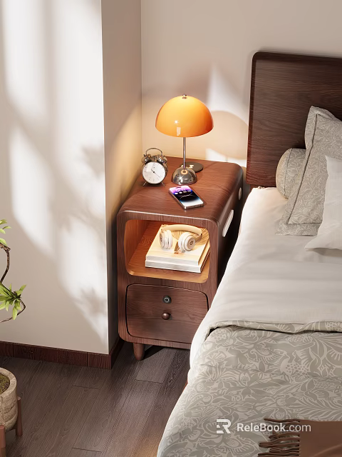Bedside Table With Orange Lamp Alarm Clock Mobile Phone Books Cups And Drawer In Bedroom 3d model 