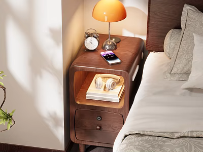 Bedside Table With Orange Lamp Alarm Clock Mobile Phone Books Cups And Drawer In Bedroom 3d model
