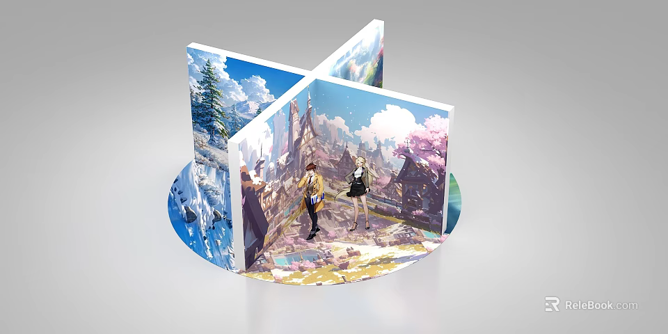 Anime Themed Photo Check in Spot With Castle Cherry Blossom Trees Snowy Mountains 3d model 