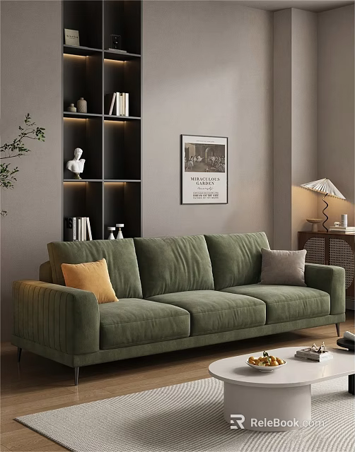Modern Living Room Green Velvet Sofa Coffee Table Set With Yellow Grey Pillows Bookshelf Lamp 3d model 