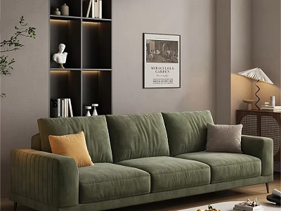 Modern Living Room Green Velvet Sofa Coffee Table Set With Yellow Grey Pillows Bookshelf Lamp 3d model