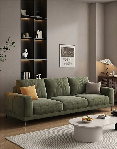 Modern Living Room Green Velvet Sofa Coffee Table Set With Yellow Grey Pillows Bookshelf Lamp 3d model