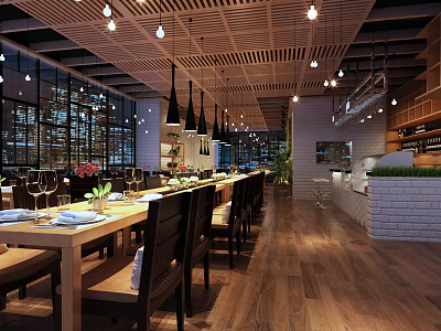 Modern Restaurant Interior Featuring Long Tables Black Chairs Wooden Floors Pendant Lights And Open Kitchen 3d model