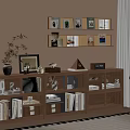 Walnut Bookshelf With Glass Doors Books Wall Shelves Framed Pictures And Potted Plant