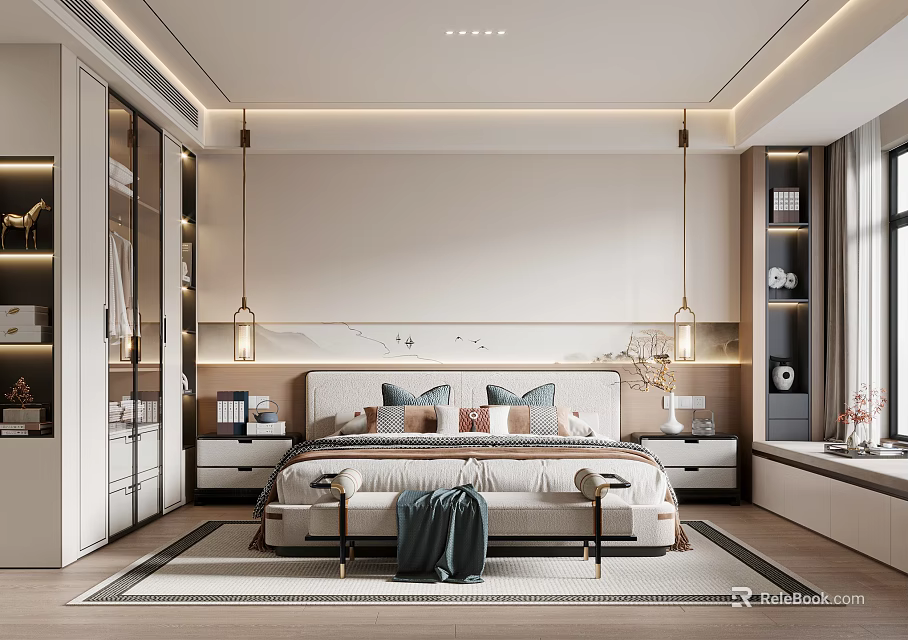 Elegant Modern Bedroom Interior With Bed Bedside Tables Pendant Lights Wardrobe And Rug 3d model 