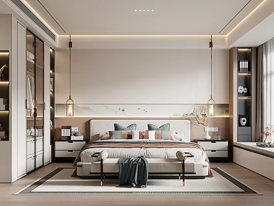 Elegant Modern Bedroom Interior With Bed Bedside Tables Pendant Lights Wardrobe And Rug 3d model