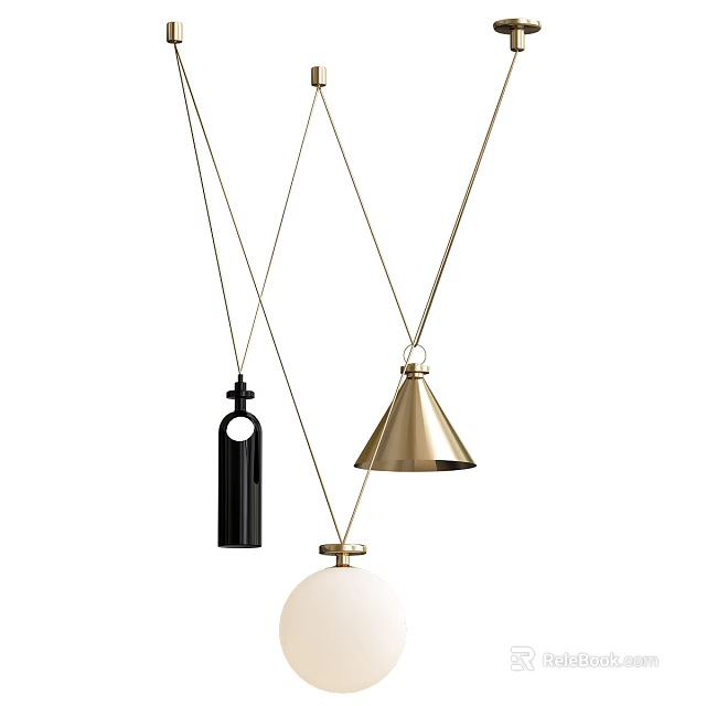 Modern Pendant Lights With Black Cylindrical Golden Cone And White Spherical Designs 3d model 