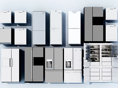 Various Modern Style Refrigerators And Freezers In White Gray Kitchen 3d model