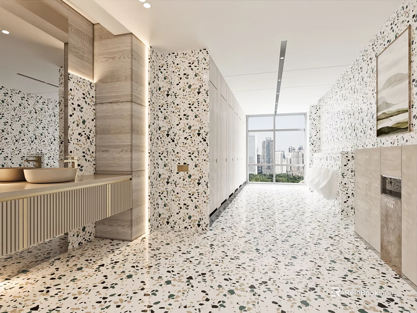 Modern Public Restroom Interior With Terrazzo And Lockers 3d model 