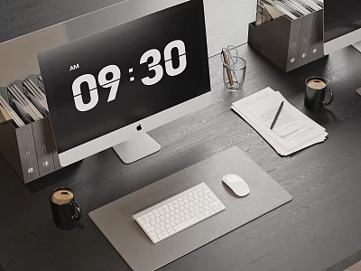 Modern Desktop Computer Setup With Screen Keyboard Mouse Papers And Coffee Mug 3d model