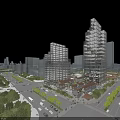 Modern Office Building with Glass Curtain Wall in Urban Landscape with Roads Greenery and Vehicles
