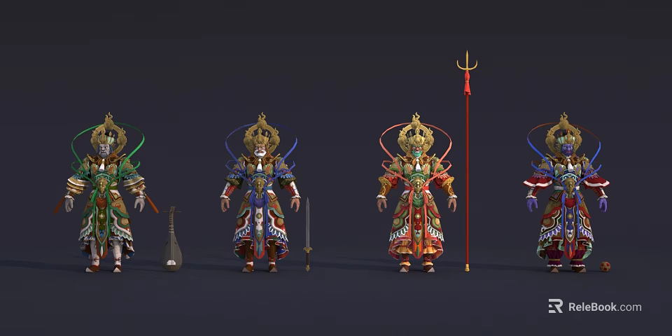 Vibrant Traditional Warrior Characters With Ornate Costumes Swords Lute And Trident 3d model 
