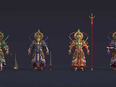 Vibrant Traditional Warrior Characters With Ornate Costumes Swords Lute And Trident 3d model