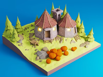 Rustic Country Cottages with Pointed Red Roofs Green Pine Trees Stone Paths and Pumpkin Piles 3d model