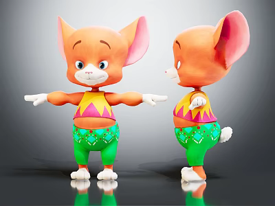 Adorable Orange Cartoon Animal Characters With Big Ears Colorful Outfits Green Pants And Outstretched Arms 3d model