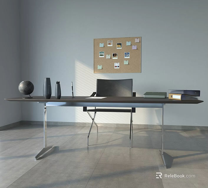 Modern Minimalist Desk And Chair Set With Corkboard Photos Globe Vases Laptop And Books 3d model 
