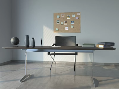 Modern Minimalist Desk And Chair Set With Corkboard Photos Globe Vases Laptop And Books 3d model