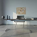 Modern Minimalist Desk And Chair Set With Corkboard Photos Globe Vases Laptop And Books
