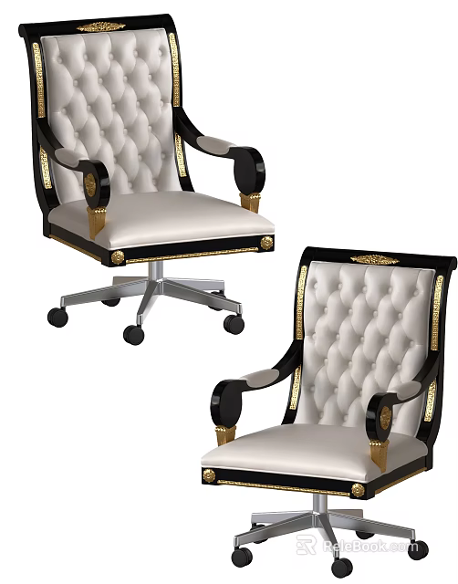 Luxury Tufted White Office Chair With Black Armrests Gold Accents And Wheels 3d model 