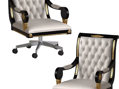 Luxury Tufted White Office Chair With Black Armrests Gold Accents And Wheels 3d model