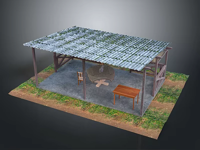 Outdoor Wooden Pavilion With Tile Roof Table Chairs Stone Floor And Grass Area 3d model