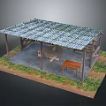 Outdoor Wooden Pavilion With Tile Roof Table Chairs Stone Floor And Grass Area