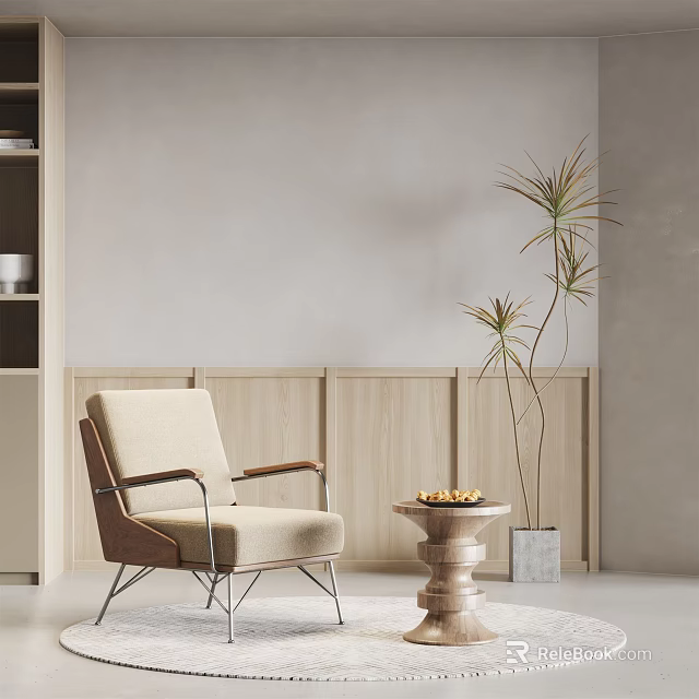 Minimalist Light Upholstered Armchair With Side Table Potted Plant And Wooden Wall Panels 3d model 