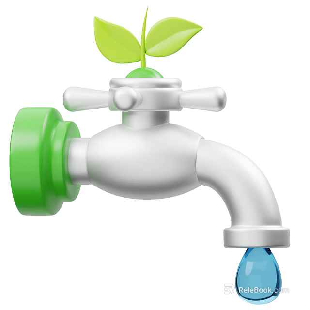Eco Friendly Industrial Faucet with Green Handle and Top Leaves Dripping Water Droplet 3d model 