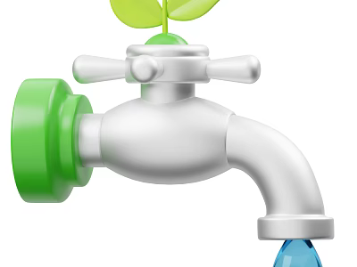 Eco Friendly Industrial Faucet with Green Handle and Top Leaves Dripping Water Droplet 3d model