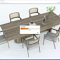 Modern Wooden Dining Table Set With Six Woven Back Chairs And Decorative Plants