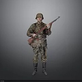Military Soldier in Camouflage Uniform Holding Rifle Standing on Gray Background